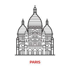 Fototapeta premium Travel Paris landmark icon. Sacre Coeur church, famous architectural tourist attractions in capital of France. Thin line Basilica of the Sacred Heart of Paris vector illustration in outline design.
