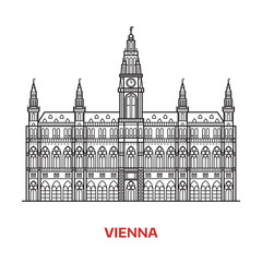 Travel Vienna landmark icon. Gothic City Hall is one of the famous architectural tourist attractions in capital of Austria. Thin line catholic clock tower vector illustration in outline design.