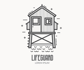 Beach lifeguard logo in thin line design. Life guard house or tower logotype or label template. Baywatch hut vector linear illustration.