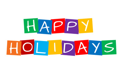 happy holidays, white letters over colorful squares