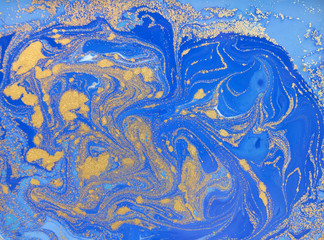 Fototapeta premium Blue and golden liquid texture, watercolor hand drawn marbling illustration, abstract background