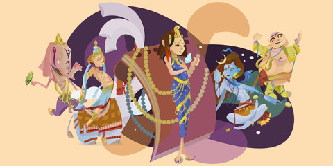 Set of isolated hindu gods meditation in yoga poses lotus and Goddess hinduism religion, traditional asian culture spiritual mythology, deity worship festival vector illustrations, T-shirt concepts