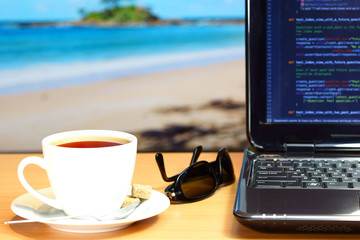 Freelancer work place on the beach in hot country