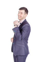 businessman  looking and pointing finger  gesture . happiness, gesture, emotions and people concept. Image on white  studio background.