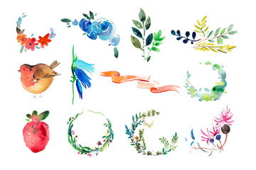 Watercolor drawing. flowers, wreath and leaves aquarelle painting.