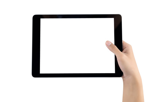 Hand holding tablet blank screen. Woman hand using tablet isolated on white background. teblet white screen.