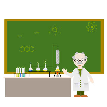 Cartoon chemistry concept with chemistry old man. Chemistry laboratory. The old man studying and working in chemistry lab. Isolated chemistry. 