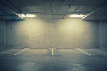 Parking garage department store interior with blank billboard - obrazy, fototapety, plakaty