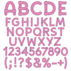 Letters, numbers and signs from pink fabric. Isolated objects on white background.