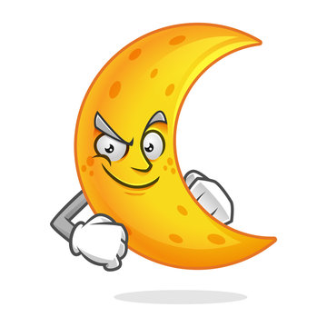 Confident moon mascot, moon character, moon cartoon vector , Crescent Moon
