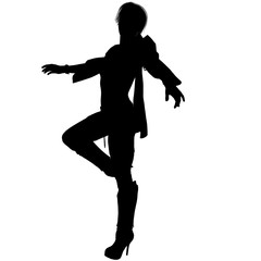 a shadow of one young female sorceress in the fantasy super suit. She stands to left side to camera. Lifted his right foot and spread his arms out to the sides. Shadow