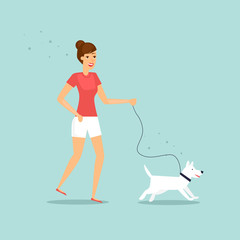 Girl is walking a dog. Flat vector illustration in cartoon style.