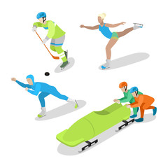 Hockey Player, Figure Skating and Bobsled. Winter Sports. Isometric vector flat 3d illustration
