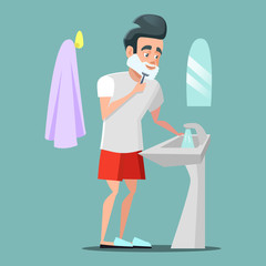 Man Shaving Face with Foam. Skin Care. Vector cartoon illustration