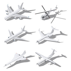 Fototapeta na wymiar Various passenger aircraft isometric icon set