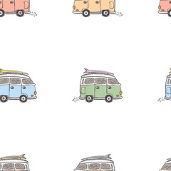 hand drawn classic hippie vans in retro style seamless pattern.vintage vector illustration.