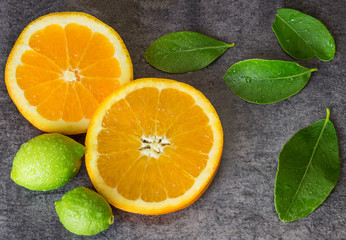 Bright slices of orange , lemons and leaves with water drops against the dark stone.