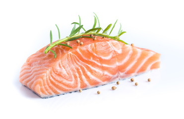 Sliced raw salmon on white background