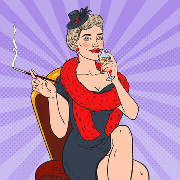Pop Art Smoking Woman with Glass of Champagne. Femme fatale. Retro vector illustration