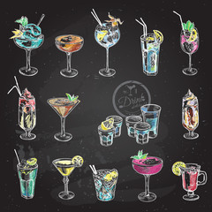 Hand drawn sketch set of alcoholic cocktails. Vector illustration
