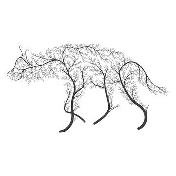 Silhouette of a hyena stylized by bushes on a white background.  For use as logos on cards, in printing, posters, invitations, web design and other purposes.