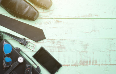 Men's accessories outfits on wooden,Business themes with copy space, Top view