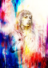 sketch of courageous young woman with unicorn on abstract spotted background.