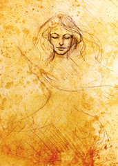 drawing of beautiful contemplative woman face with flying phoenix bird on abstract background.