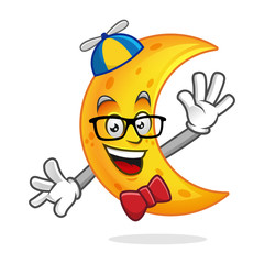 Naklejka premium Nerd moon mascot, geek moon character, moon cartoon vector, Crescent Moon 