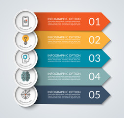 Infographic banner with arrow and circle design elements. Business concept with 5 options, steps, parts. Vector template that can be used as a chart, graph, diagram, workflow layout