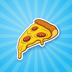 Vector illustration. Pizza slice with melted cheese and pepperoni on blue background with shining rays. Sticker in cartoon style with contour. For patches, prints for clothes, badges, posters, menus