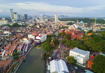 MALACCA, MALAYSIA - JAN 30, 2017 : Top view of beautiful Malacca town. Malacca has been listed as a UNESCO World Heritage Site since 7 July 2008 - obrazy, fototapety, plakaty
