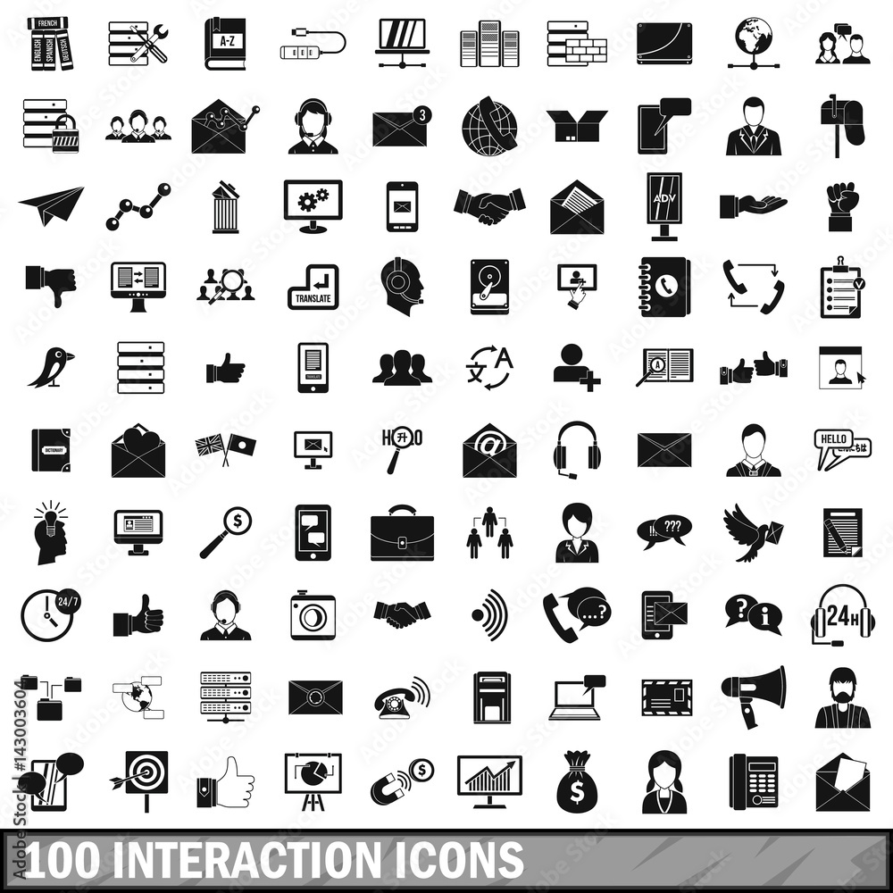 Poster 100 interaction icons set, simple style
