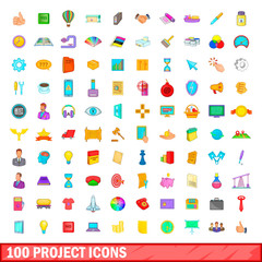 100 project icons set, cartoon style