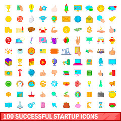 100 successful startup icons set, cartoon style