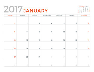 2017 Calendar Planner Vector Design Template. January. Week Starts Sunday