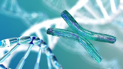 beautiful chromosome on the background of DNA, RNA, 3d rendering
 - obrazy, fototapety, plakaty