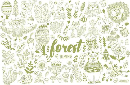 Vector forest elements in doodle childish style