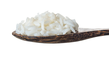 Cooked rice in a wooden spoon,white background
