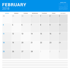 February 2018. Calendar planner vector design print template. Week starts on Sunday. Stationery design