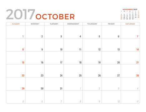2017 Calendar Planner Vector Design Template. October. Week Starts Sunday
