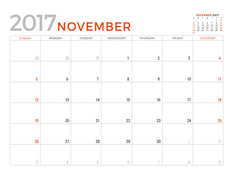2017 Calendar Planner Vector Design Template. November. Week Starts Sunday