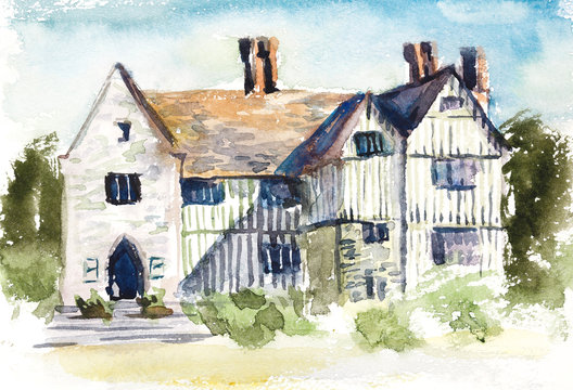 English cottage. Old England. Watercolor hand drawn illustration.