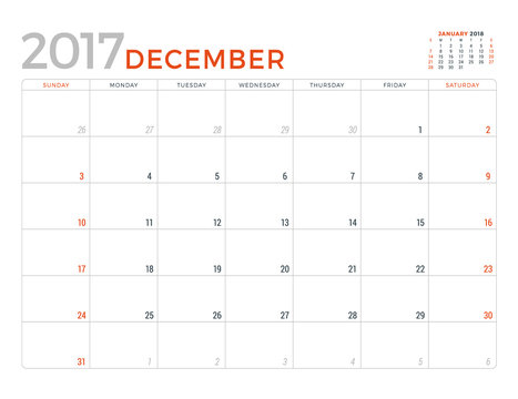 2017 Calendar Planner Vector Design Template. December. Week Starts Sunday