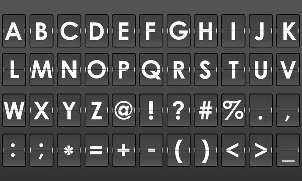 Flip digital english alphabet letters with sings and symbols. Design can be use for airport board. Vector illustration