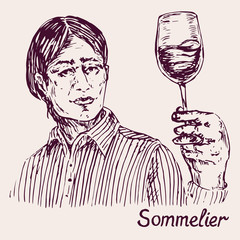 Portrait of a young male sommelier, wine tasting, expertise beverage color, black and white vector illustration