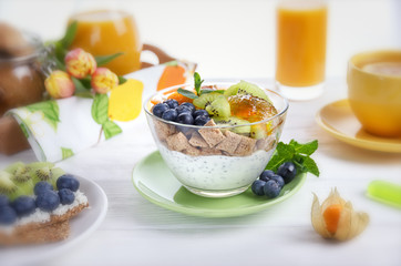 Breakfast. Yogurt with chia seeds, corn pads, kiwi, blueberries and physalis. Lemon tea, juice and toast with fruit on a blurred background. Selective focus.