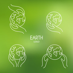 Icon Set of earth globe and hands on blurred background. Vector.