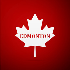 Canadian maple leaf with city name Edmonton flat icon on red background. Vector Illustration