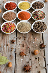 Various spices on wooden spoons. Food ingredients